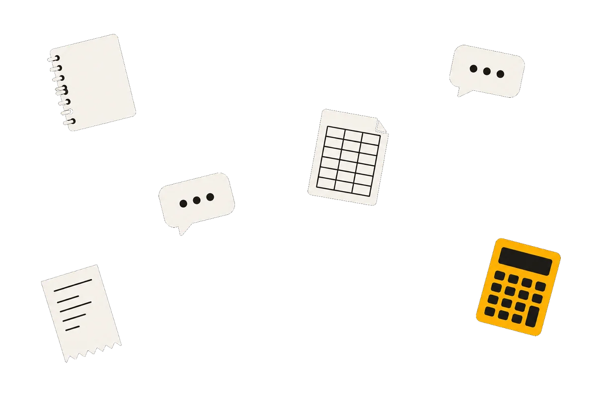 Ilustración: un cuaderno, mensajes de chat, una planilla, un ticket y una calculadora flotando sueltos, sin conexión entre sí