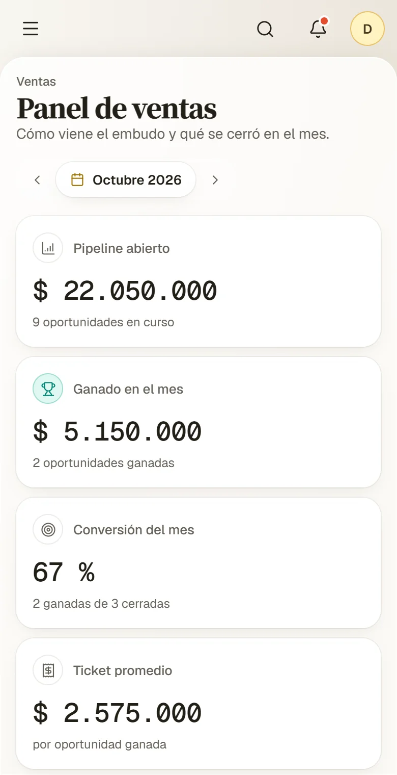 El sistema en la pantalla de un celular, mostrando el panel de ventas