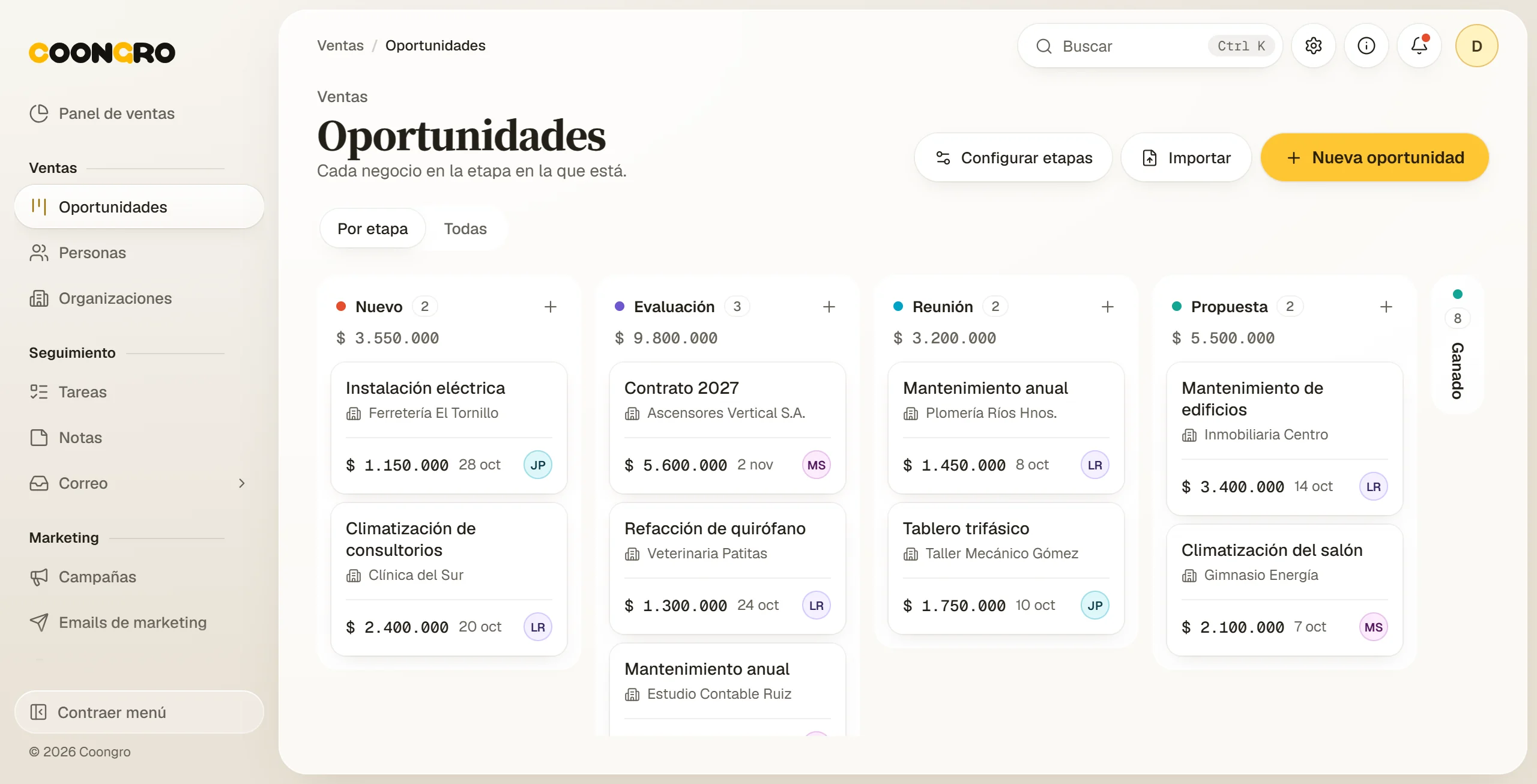 El sistema abierto en un navegador, en el tablero de oportunidades por etapa
